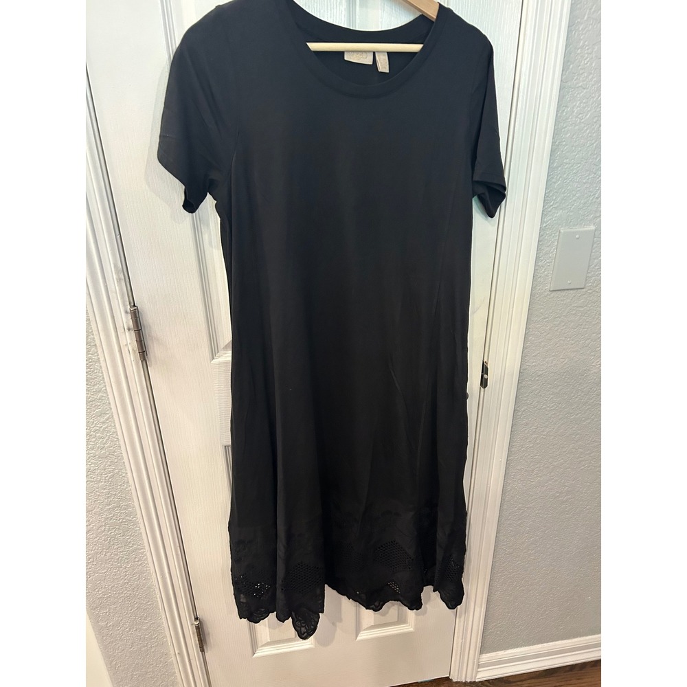 LOGO Lavish Dress‎ Black Eyelet Embroidered Hem Short Sleeve Midi Knit XS